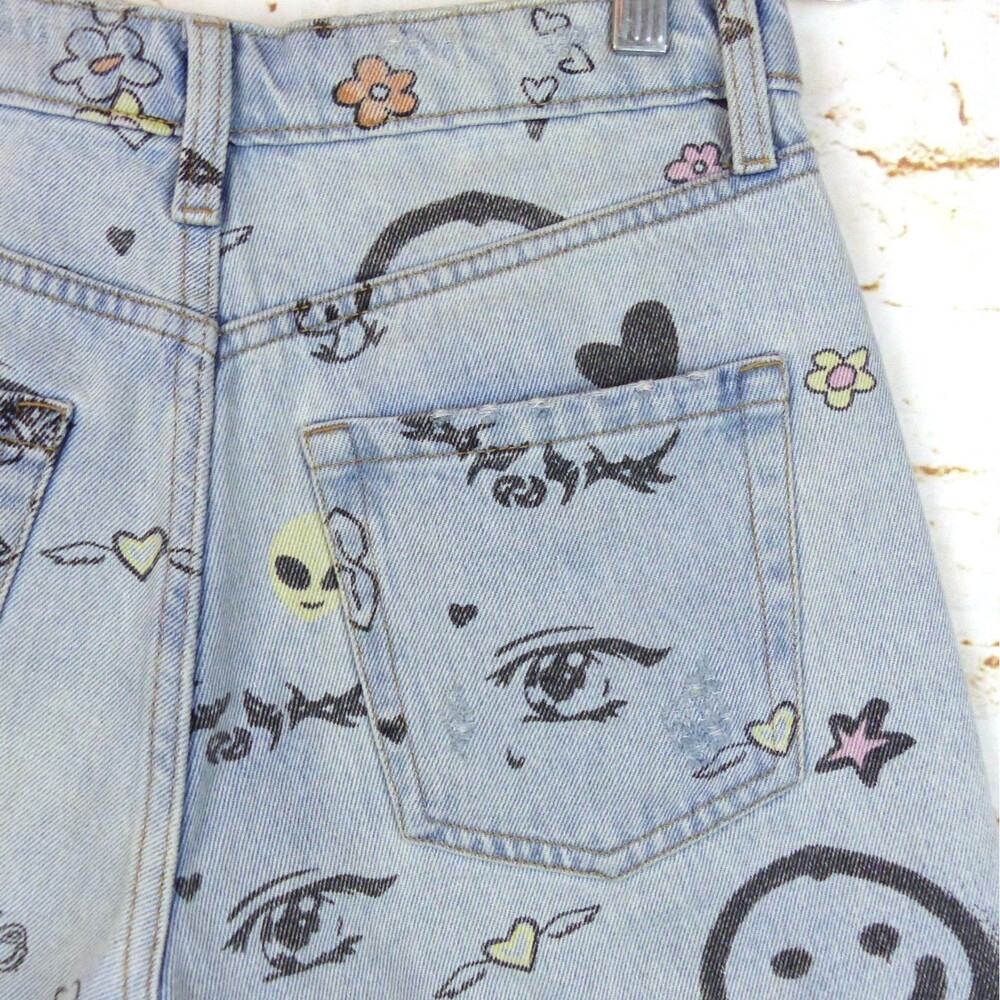 Wild Fable Denim Shorts Women 0 Doodle Print Bermuda Distressed High Rise Grunge - Picture 10 of 14